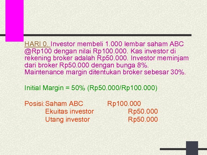 HARI 0. Investor membeli 1. 000 lembar saham ABC @Rp 100 dengan nilai Rp