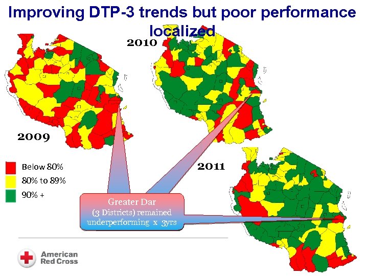 Improving DTP-3 trends but poor performance localized 2010 2009 2011 Below 80% to 89%