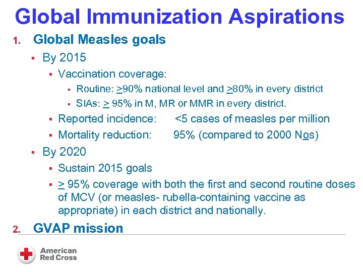 Global Immunization Aspirations 1. Global Measles goals § By 2015 § Vaccination coverage: §