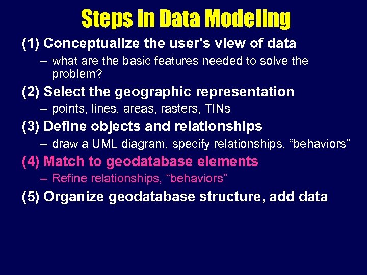 Steps in Data Modeling (1) Conceptualize the user's view of data – what are