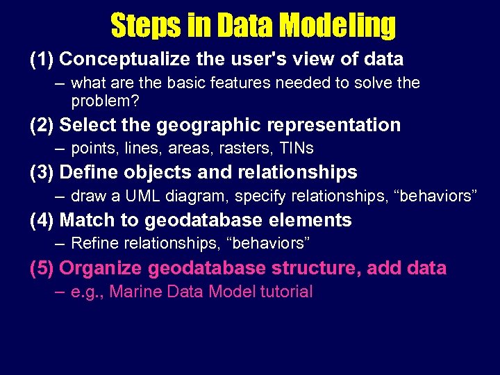 Steps in Data Modeling (1) Conceptualize the user's view of data – what are