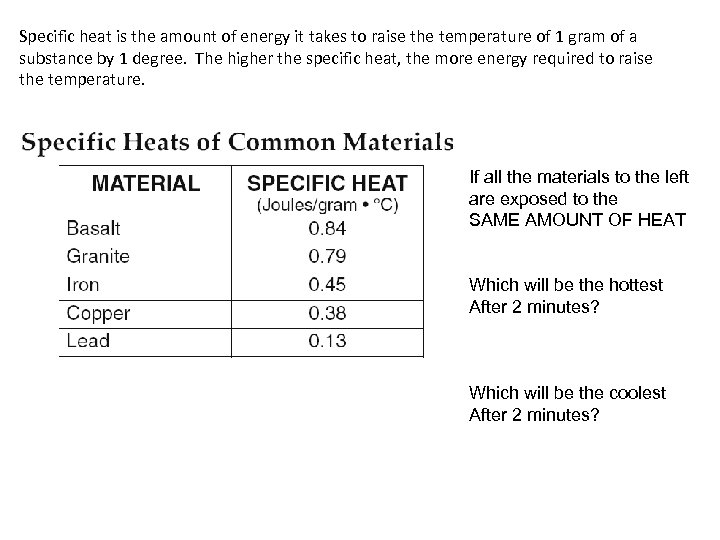 Specific heat is the amount of energy it takes to raise the temperature of