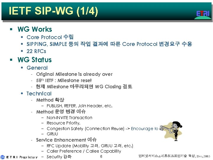 IETF SIP-WG (1/4) § WG Works • Core Protocol 수립 • SIPPING, SIMPLE 등의