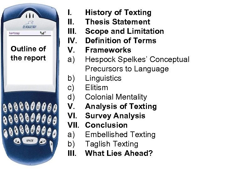 Outline of the report I. III. IV. V. a) History of Texting Thesis Statement