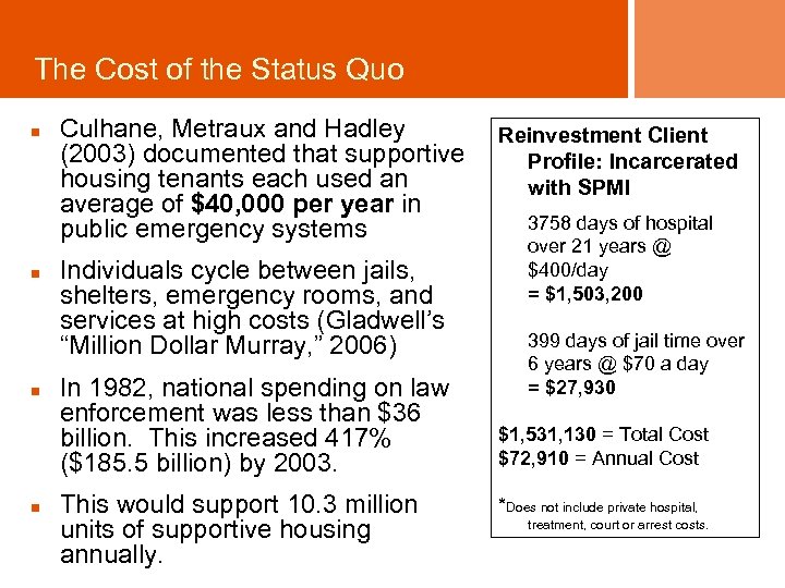 The Cost of the Status Quo n n Culhane, Metraux and Hadley (2003) documented