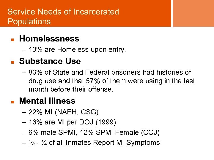 Service Needs of Incarcerated Populations n Homelessness – 10% are Homeless upon entry. n