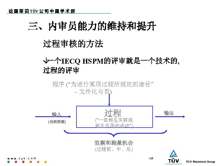 德 国 莱 茵 TÜV 公 司 中 国 学 术 部 三、内审员能力的维持和提升 过程审核的方法