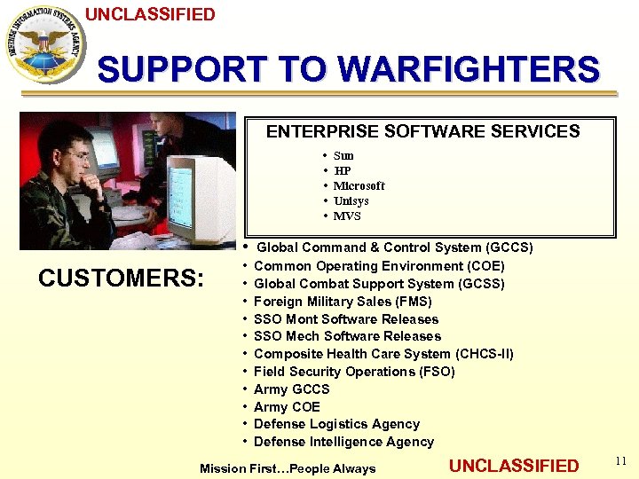 UNCLASSIFIED SUPPORT TO WARFIGHTERS ENTERPRISE SOFTWARE SERVICES Sun i HP i Microsoft i Unisys
