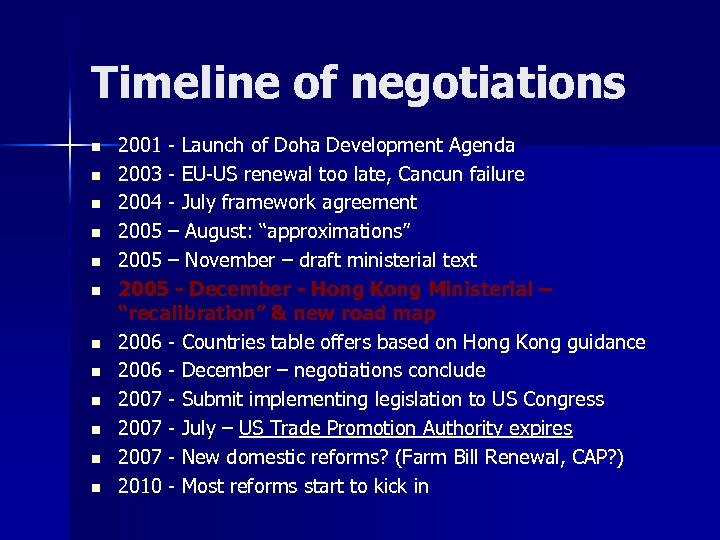 Timeline of negotiations n n n 2001 - Launch of Doha Development Agenda 2003