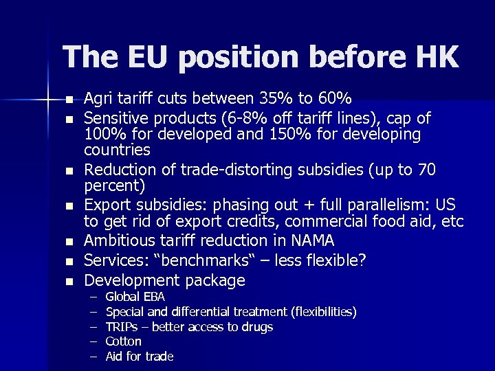 The EU position before HK n n n n Agri tariff cuts between 35%