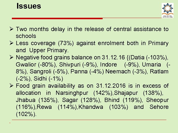 Issues Ø Two months delay in the release of central assistance to schools Ø