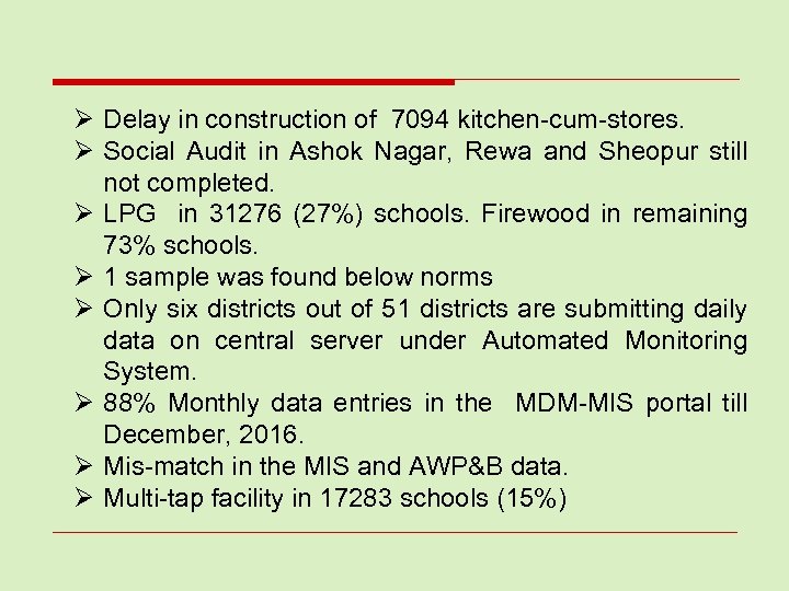 Ø Delay in construction of 7094 kitchen-cum-stores. Ø Social Audit in Ashok Nagar, Rewa
