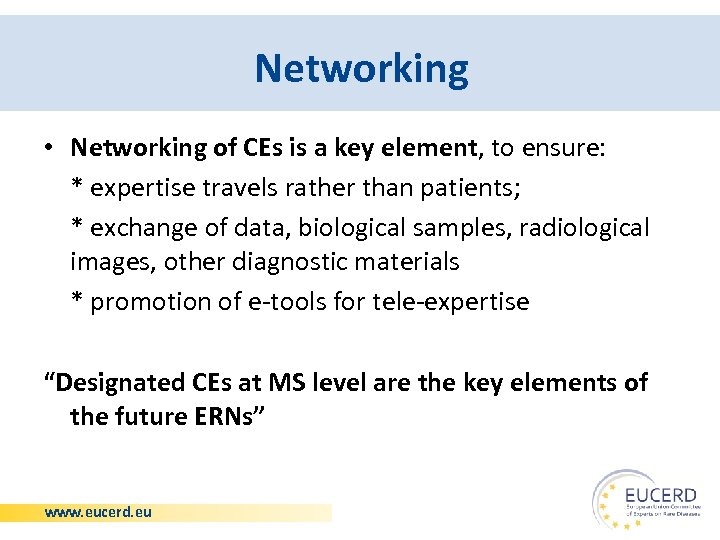 Networking • Networking of CEs is a key element, to ensure: * expertise travels