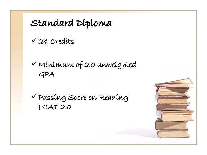 Standard Diploma ü 24 Credits ü Minimum of 2. 0 unweighted GPA ü Passing