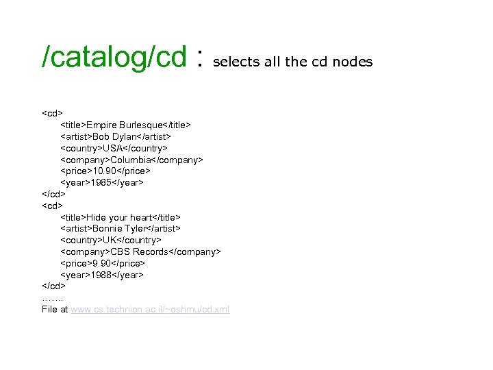 /catalog/cd : selects all the cd nodes <cd> <title>Empire Burlesque</title> <artist>Bob Dylan</artist> <country>USA</country> <company>Columbia</company>