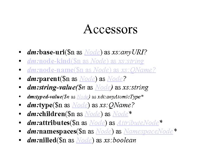 Accessors • • • dm: base-uri($n as Node) as xs: any. URI? dm: node-kind($n