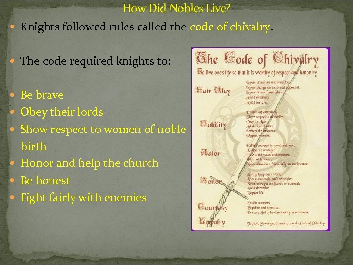 How Did Nobles Live? Knights followed rules called the code of chivalry. The code