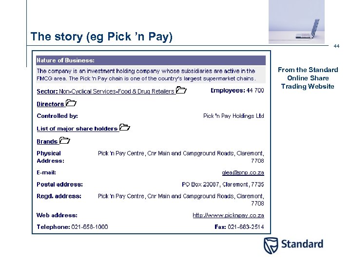 The story (eg Pick ’n Pay) 44 From the Standard Online Share Trading Website