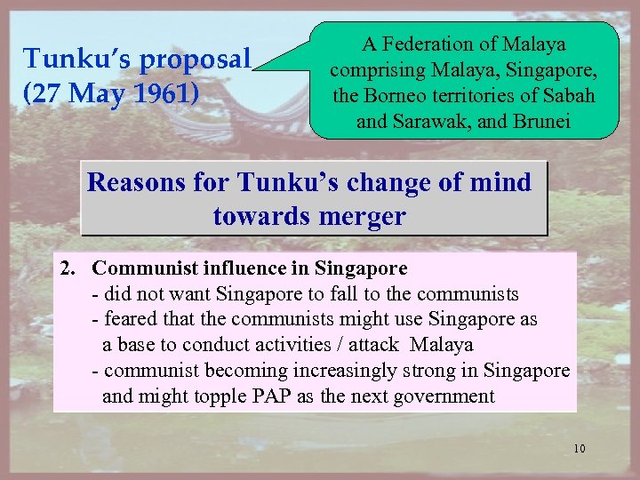 Tunku’s proposal (27 May 1961) A Federation of Malaya comprising Malaya, Singapore, the Borneo