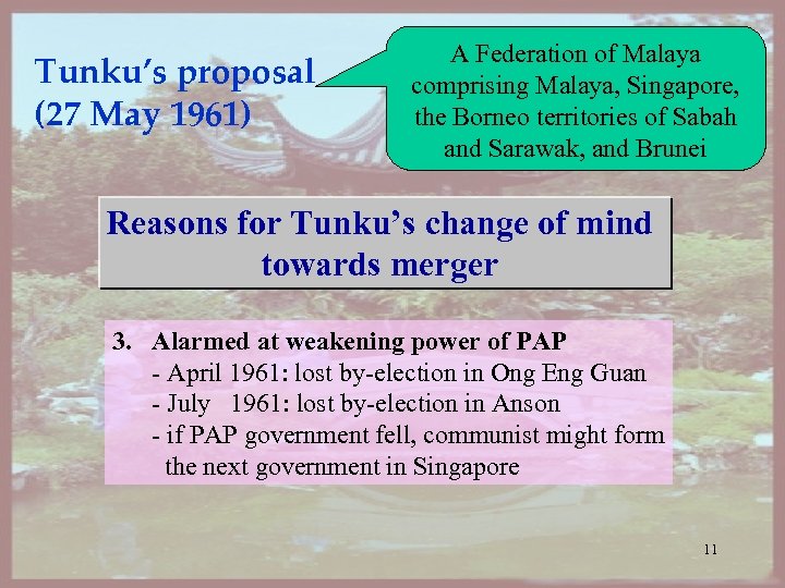 Tunku’s proposal (27 May 1961) A Federation of Malaya comprising Malaya, Singapore, the Borneo