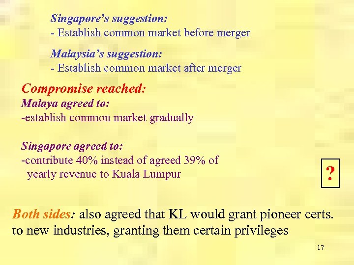 Singapore’s suggestion: - Establish common market before merger Malaysia’s suggestion: - Establish common market