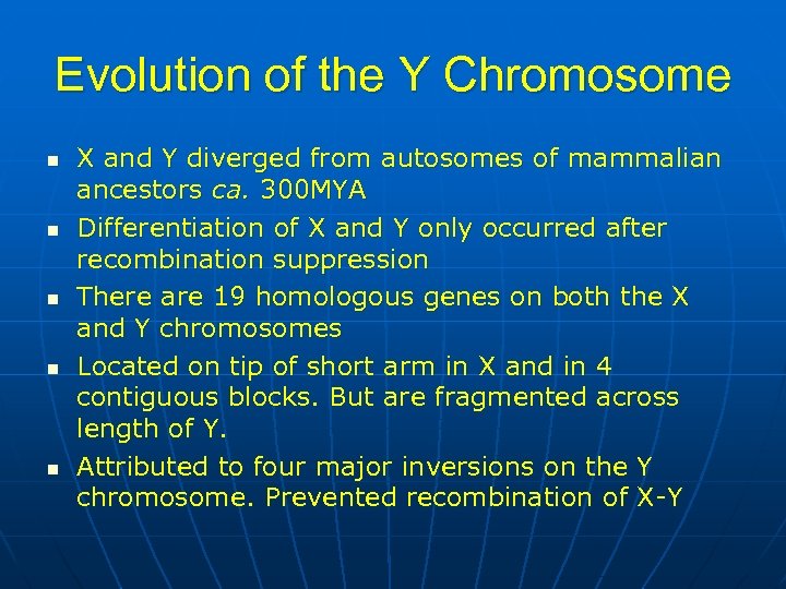 Evolution of the Y Chromosome n n n X and Y diverged from autosomes