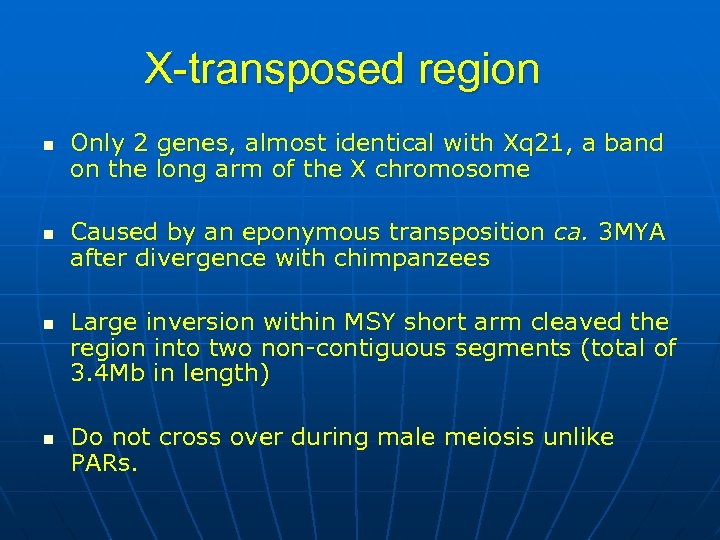 X-transposed region n n Only 2 genes, almost identical with Xq 21, a band