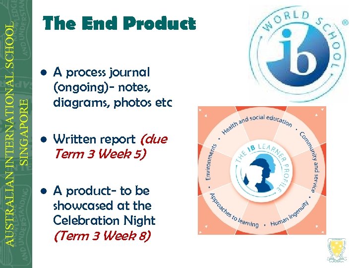 AUSTRALIAN INTERNATIONAL SCHOOL SINGAPORE The End Product l A process journal (ongoing)- notes, diagrams,