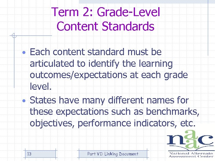 Term 2: Grade-Level Content Standards • Each content standard must be articulated to identify