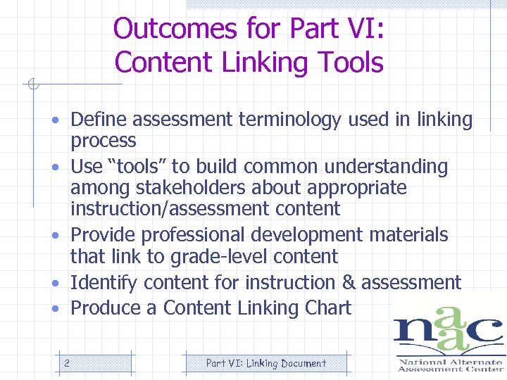 Outcomes for Part VI: Content Linking Tools • Define assessment terminology used in linking