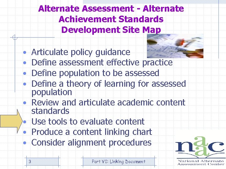 Alternate Assessment - Alternate Achievement Standards Development Site Map Articulate policy guidance Define assessment