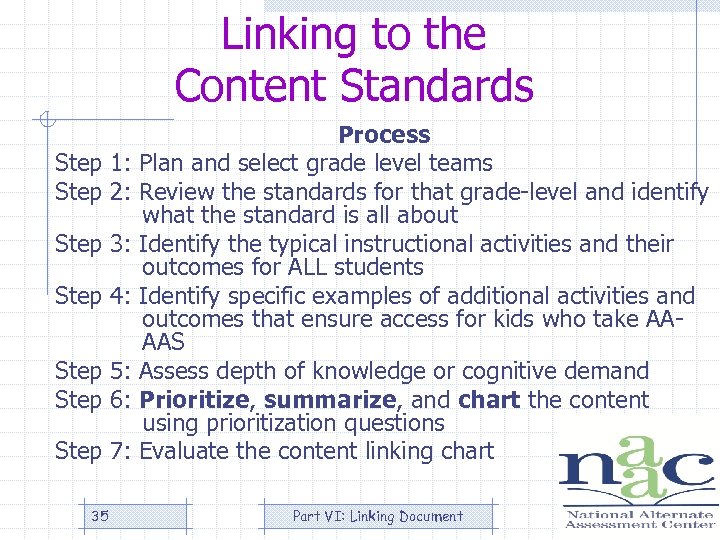 Linking to the Content Standards Process Step 1: Plan and select grade level teams