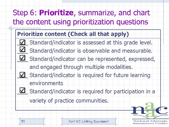 Step 6: Prioritize, summarize, and chart the content using prioritization questions Prioritize content (Check