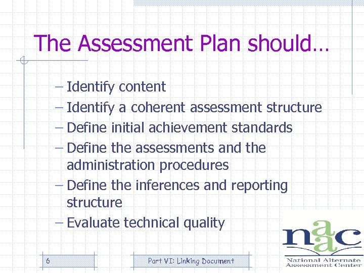 The Assessment Plan should… – Identify content – Identify a coherent assessment structure –