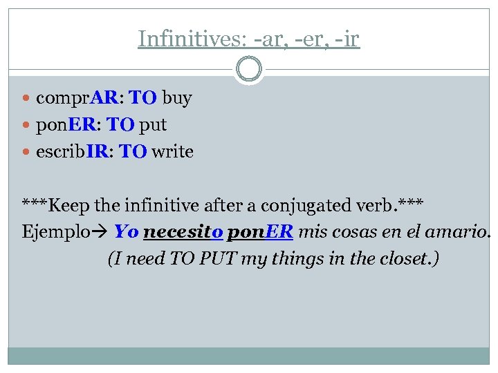 Infinitives: -ar, -er, -ir compr. AR: TO buy pon. ER: TO put escrib. IR: