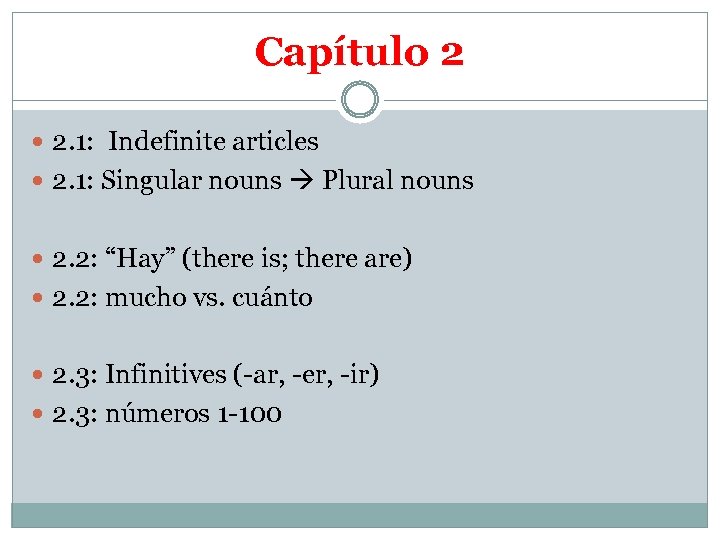 Capítulo 2 2. 1: Indefinite articles 2. 1: Singular nouns Plural nouns 2. 2: