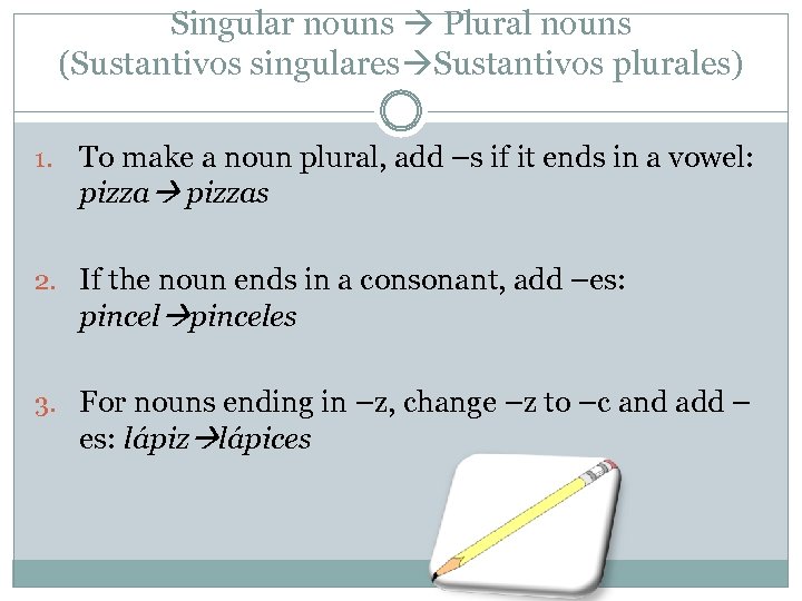 Singular nouns Plural nouns (Sustantivos singulares Sustantivos plurales) 1. To make a noun plural,