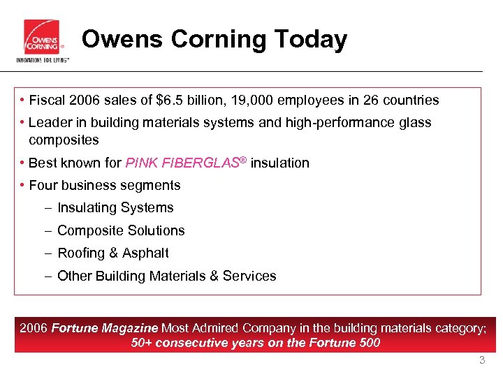 Owens Corning Today • Fiscal 2006 sales of $6. 5 billion, 19, 000 employees