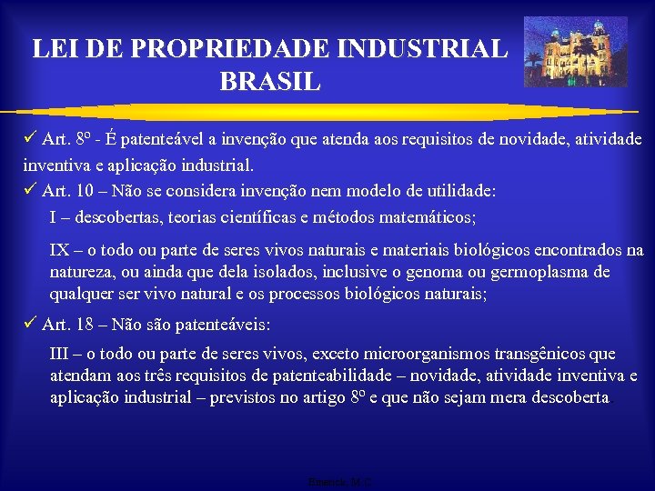 LEI DE PROPRIEDADE INDUSTRIAL BRASIL ü Art. 8º - É patenteável a invenção que