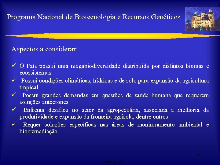 Programa Nacional de Biotecnologia e Recursos Genéticos Aspectos a considerar: ü O País possui