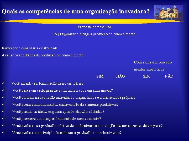 Quais as competências de uma organização inovadora? Proposta de pesquisa IV) Organizar e dirigir