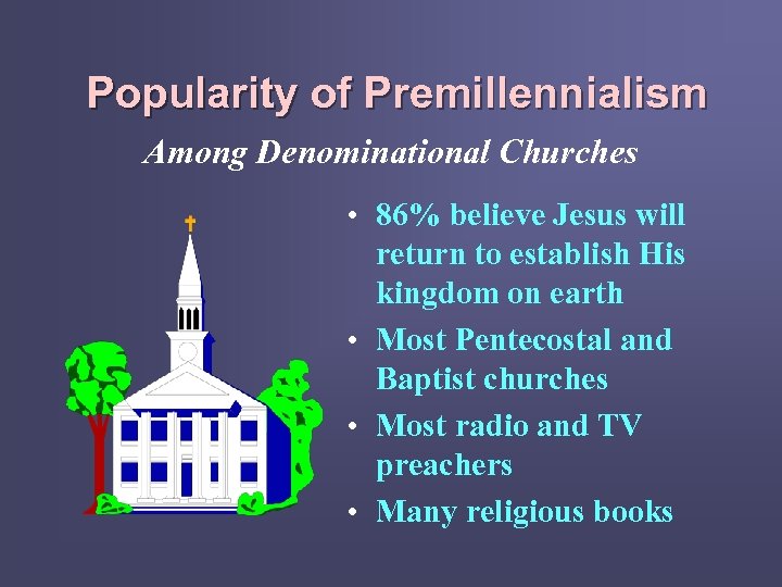 Popularity of Premillennialism Among Denominational Churches • 86% believe Jesus will return to establish