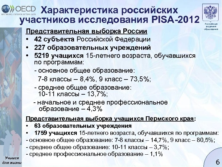 Характеристика российских участников исследования PISA-2012 Представительная выборка России • 42 субъекта Российской Федерации •
