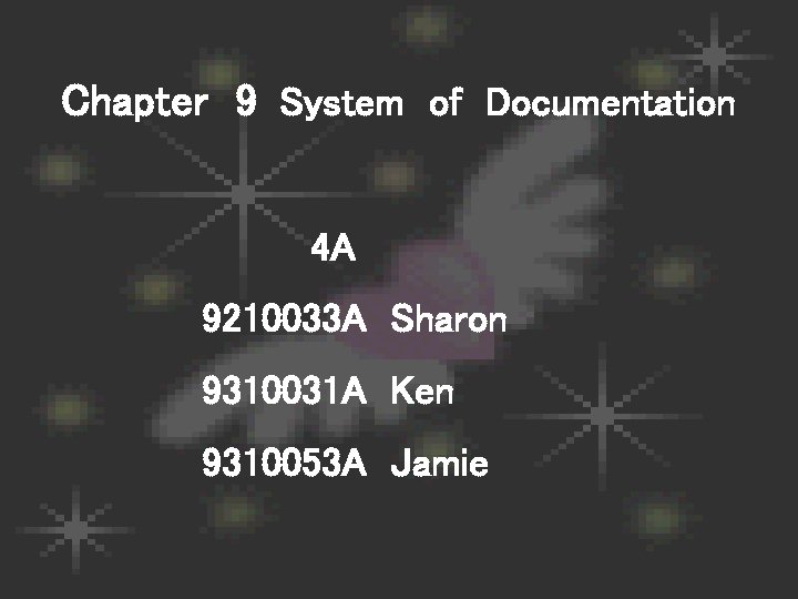 Chapter 9 System of Documentation 4 A 9210033 A Sharon 9310031 A Ken 9310053