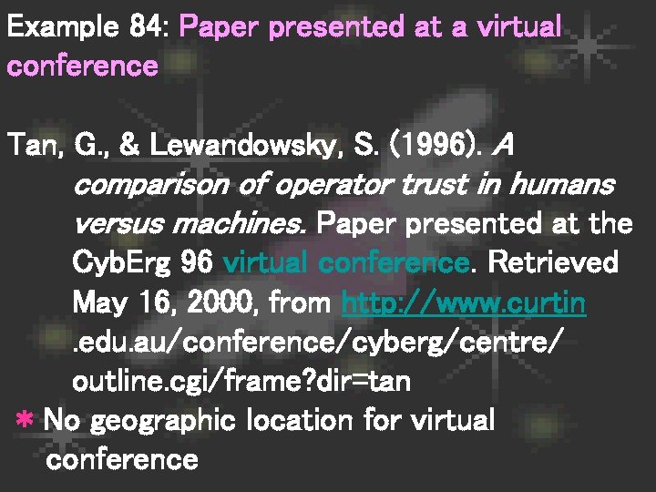 Example 84: Paper presented at a virtual conference Tan, G. , & Lewandowsky, S.