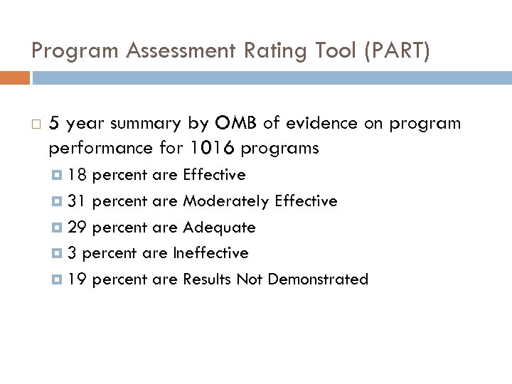 Program Assessment Rating Tool (PART) 5 year summary by OMB of evidence on program