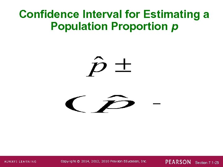 Confidence Interval for Estimating a Population Proportion p Copyright © 2014, 2012, 2010 Pearson