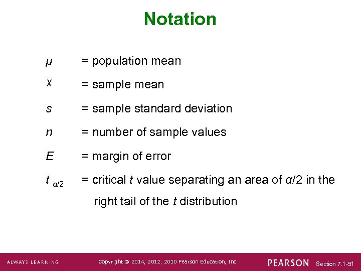 Notation μ = population mean = sample mean s = sample standard deviation n