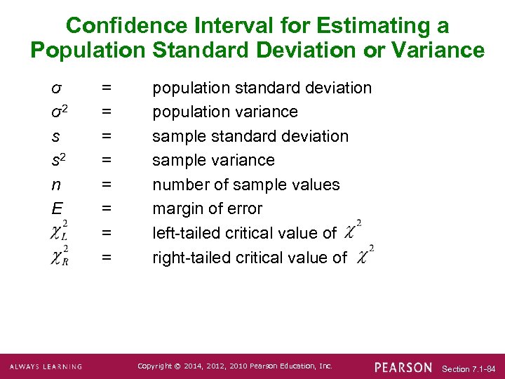 Confidence Interval for Estimating a Population Standard Deviation or Variance σ σ2 s s