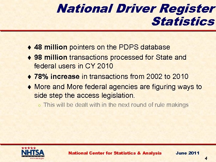 National Driver Register Statistics t t 48 million pointers on the PDPS database 98